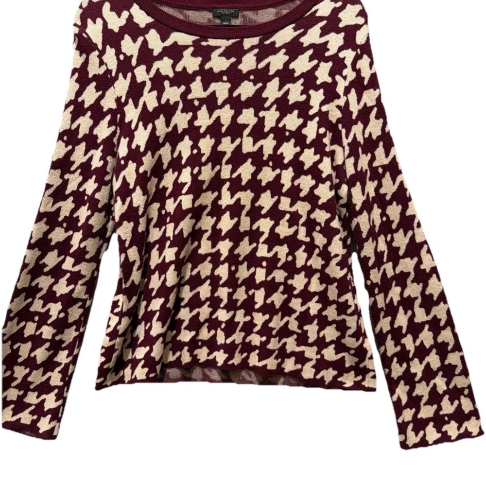Ann Taylor Factory Maroon and Beige Knit Houndstooth Sweater - Picture 1 of 8